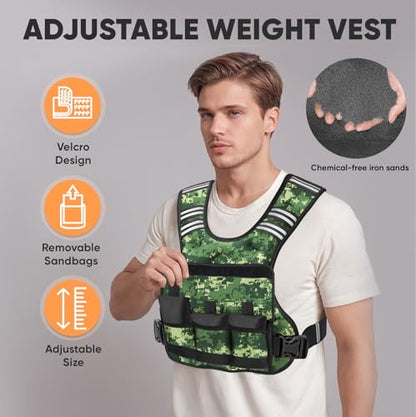 Adjustable Weighted Vest, 4-10lb/12-18lb/20-32lb Vest with 6 Ironsand Weights and Large Pocket, Weight Vest for Men Women Strength Training, Running, Walking - color: Green Digi Camo, size: 12-18lbs