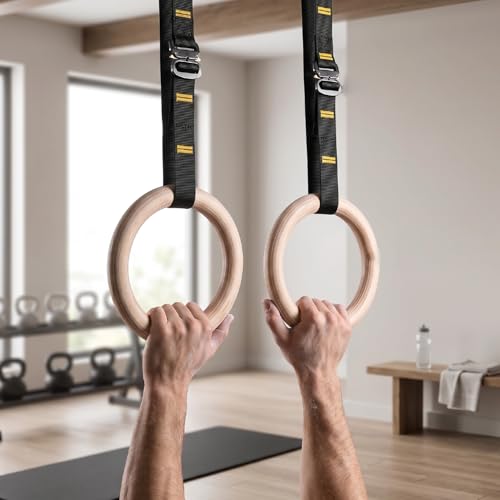 Wooden Gym Rings Birch Wood Rings Gymnastics with 1.5 Inch Numbered Straps Rotating Carabiner for Home Gym Strength Training
