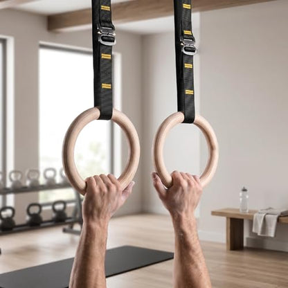 Wooden Gym Rings Birch Wood Rings Gymnastics with 1.5 Inch Numbered Straps Rotating Carabiner for Home Gym Strength Training