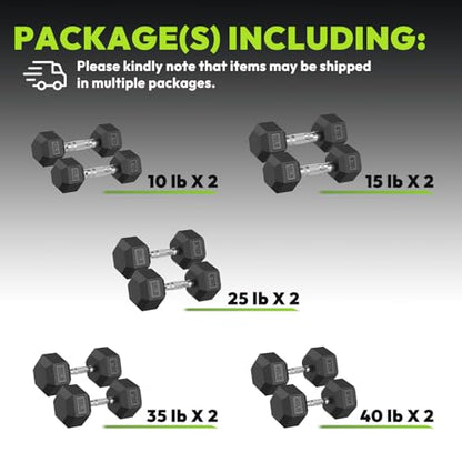 HANDBODE Rubber Coated Hex Dumbbell Set, 90-640 lb - size: 250 lb Set (Pair of 10, 15, 25, 35, 40 lb)