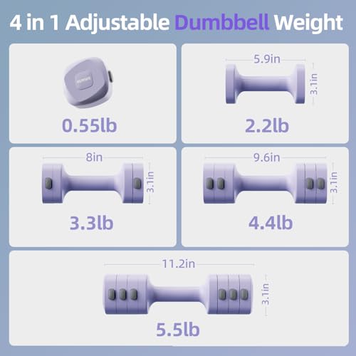 Lightweight Adjustable Dumbbell Kettlebell Set - 4 in 1 Free Weight Set with Kettlebell Grip Converter, Each 2.2 3.3 4.4 5.5lb Quick Change Weight Women Dumbbell Set for Small Spaces Home Gym - color: Adjustable Kettlebell Purple