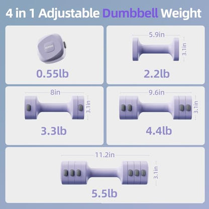 Lightweight Adjustable Dumbbell Kettlebell Set - 4 in 1 Free Weight Set with Kettlebell Grip Converter, Each 2.2 3.3 4.4 5.5lb Quick Change Weight Women Dumbbell Set for Small Spaces Home Gym - color: Adjustable Kettlebell Purple
