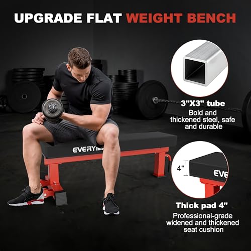 Flat Bench, 4" Thick HeftyGrip Vinyl Pad, Rated 1,200 LB, Flat Benches for Home Gym & Strength Training, Professional Grade Flat Weight Bench Made of Heavy Duty 3"*3" Tube (Red)