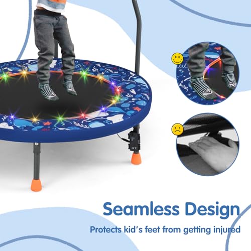 Goplus Foldable Toddler Trampoline for Kids, 36'' Recreational Mini Trampoline w/20 LED Lights, Foam Handle, Padded Safety Cover, Indoor Outdoor Exercise Rebounder for Boys Girls Aged 3-6 - style: Navy-Ocean