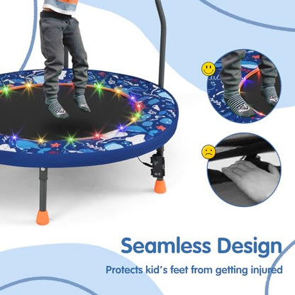 Goplus Foldable Toddler Trampoline for Kids, 36'' Recreational Mini Trampoline w/20 LED Lights, Foam Handle, Padded Safety Cover, Indoor Outdoor Exercise Rebounder for Boys Girls Aged 3-6 - style: Navy-Ocean