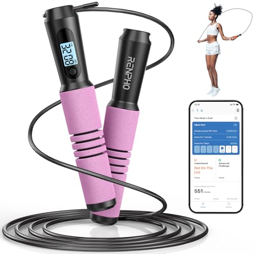 RENPHO Smart Jump Rope with Counter, App Data Tracking, LCD Display - color: Pink