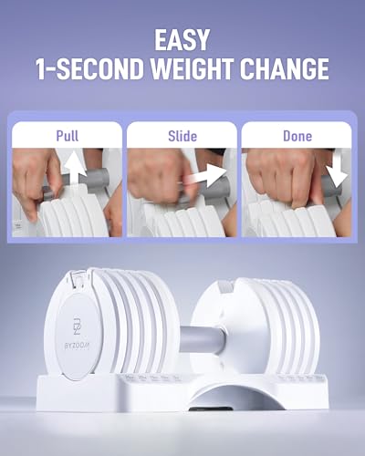 BYZOOM FITNESS Pure Series Adjustable Dumbbell - 12.5/25/27.5/50/55/75lb - ONE UNIT OR PAIR(check QTY before purchase) - 5-in-1/ 10-in-1 / 15-in-1 / 21-in-1 Flexible Hand Weights for Home Apartment Garage Gym, Strength Training & Fitness Workouts, White O