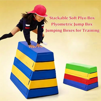 Kids Jumping Boxes for Training, 4 in 1 Foam Plyo Box for Home Gym, Stackable Plyometric Box for Kindergarten, School, Gymnastics Training, Blue and Yellow - size: 100x60x70cm