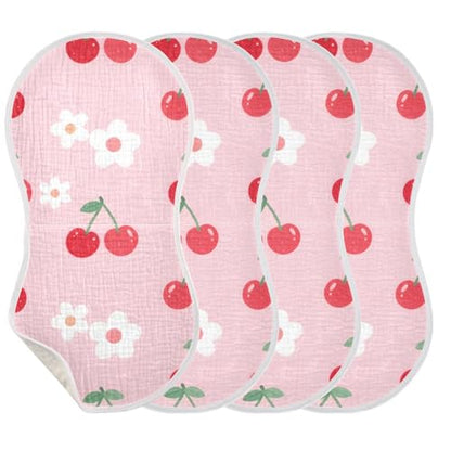 Pink Cherries Muslin Burp Cloths 2 Pack - Extra Large 22"x11", 4-Layer Soft Absorbent Cotton, Waterproof Backing, Baby Drool Rags for Newborn