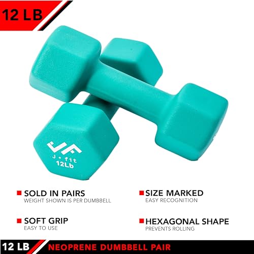 JFIT Dumbbell Pairs or Sets – Neoprene & Vinyl Coated Hand Weights for Home Gym, Strength Training, Aerobics, Cardio Exercise and Fitness - size: 12 lbs (Pair), style: Dumbbell Pair