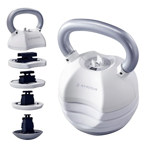 BYZOOM FITNESS Pure Series Adjustable Kettlebell 30/40/50LB - 5-IN-1 Weight Change, Patented Quick-Change Machenism, Ergonomic Curved Handle for Home Gym, Strength Training, HIIT, White OR Black - color: 40LB White