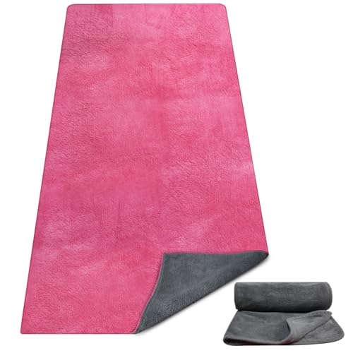 Hot Yoga Mat Towel Set – Non-Slip 600GSM Thickened Microfiber Yoga Mat Cover (70"x25.5") + Hand Towel – Super Absorbent, Skidless Sweat Towel for Hot Pilates, Bikram & Fitness, Dark Pink