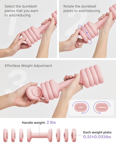 YOTTOY Adjustable Dumbbell Set of 2, 4-in-1 Hand Weights for Women at Home, Compact Free Weights Dumbbells Set with Soft Grip and Base, 2-5 lbs Each for Home Gym - color: Pink