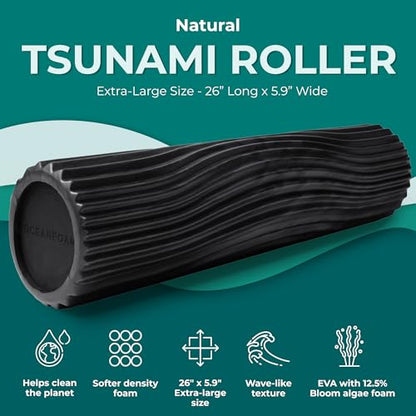 Tsunami Roller (Black & Charcoal Marbled) - Extra-Large, 26" x 5.9" - Soft, Textured Foam Roller for Physical Therapy, Back Pain, Exercise & Stretching - Yoga, Athletics, & Wellness