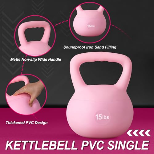 DlandHome Kettlebell Weights Strength Training Kettlebell-Great for Full Body Workout and Strength Training,Easy Grip Handle,PVC Filled with Iron Sand - color: Pink-15lbs