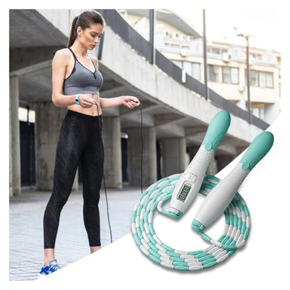 Adjustable Beaded Jump Rope with Digital Counter - Segmented Skipping Rope for Kids & Adults, Indoor Outdoor Fitness Workout(White Green)