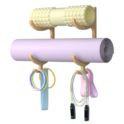 Wooden Yoga Mat Holder Wall Mount, Yoga Mat Storage Rack, Home Gym Equipment Organizer, Wall Mount Workout Storage Holder for Hanging Foam Rollers and Resistance Bands