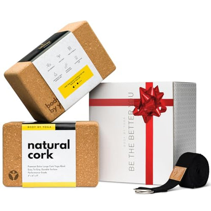 Cork Yoga Blocks 2 Pack – High Density Non Slip with Select Cork Grain for Chip-Resistant Durability | Extra Thick 4” for Support & Stability | Natural, Smooth, and Crumble Free | Body By Yoga