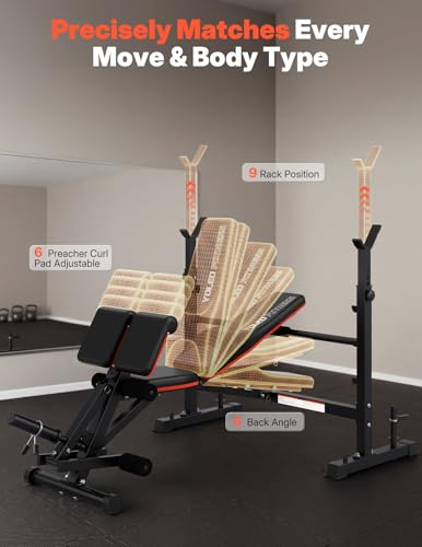 YOLEO 880-1980Lbs Standard/Olympic Weight Bench with Rack, Foldable Bench Press Set Home Gym Strength Series for Beginner/immediate/Advanced Fullbody Workout