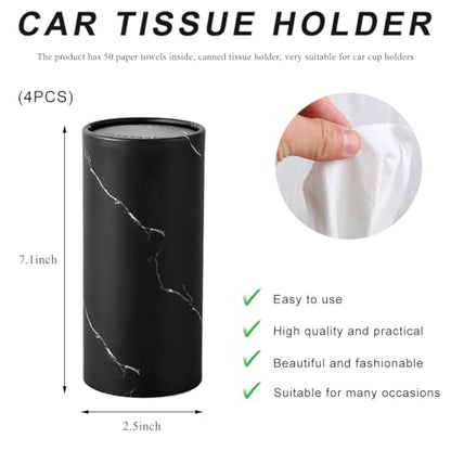 4PCS Car Tissue Holder, Car Cup Holder Convenient Travel Tissue Tube Box with Facial Tissues, Portable Round Tissues Holder Paper Towel Cylinder for Car Home Office (Marble Black)