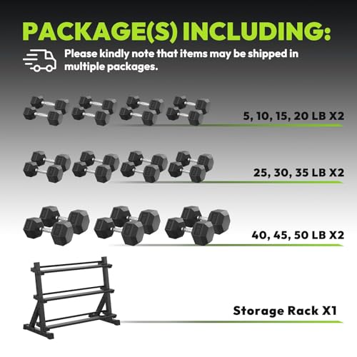 HANDBODE Hex Dumbbell Set with Rack, 300-840 lb Rubber Coated Fixed Weights Sets with Heavy Duty Storage Stand, Hexagon Shape, Multiple Weight Options Home Gym Equipment for Strength Training - style: 550 lb Set (5-50 lb) with Rack