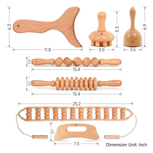 Wooden Massage Tool Set, 7-Piece Body Massage Kit for Home Use, Manual Included