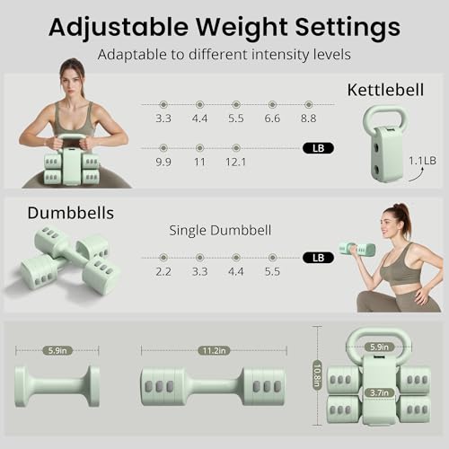 2-in-1 Adjustable Dumbbell Set for Women - 4 Levels (2.2lbs to 12.1lbs) - Home Gym Weights for Women at Home - Fitness Dumbbells - color: Green