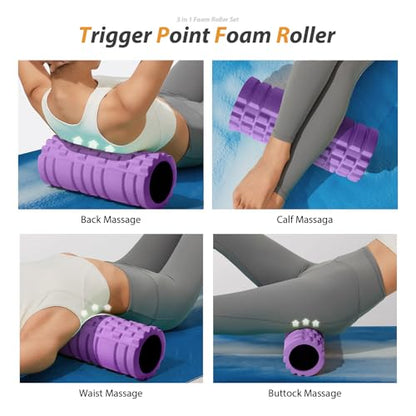 5 in 1 Foam Roller Set for Deep Tissue Muscle Massage, High Density Trigger Point Fitness Patented Exercise Foam Roller, Massage Roller, Massage Ball, Resistance Band, for Whole Body(Purple)