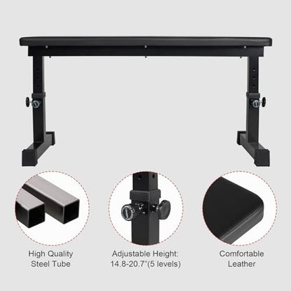 Flat Weight Bench, Utility Workout Adjustable Height Weight Bench Press with Thick Cushion & Anti-slip Foot Pads, Compact Strength Training for Exercise & Fitness, Home/Gym Easy Assembly