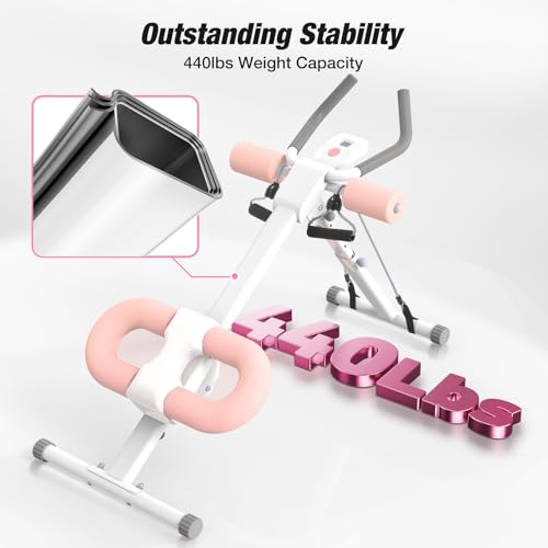 Ab Machine, Ab Workout Equipment, Adjustable Core & Ab Trainer Machine with Resistance Bands for Home Gym, Foldable, Knee Protection, Abdominal Exercise Equipment for Stomach Workout (Pink)