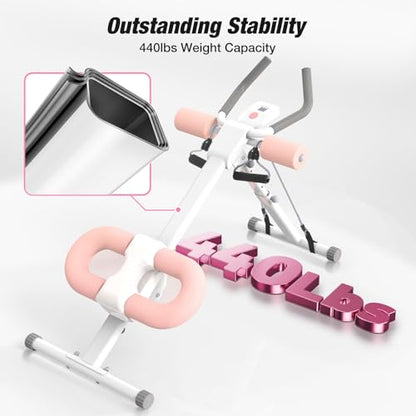 Ab Machine, Ab Workout Equipment, Adjustable Core & Ab Trainer Machine with Resistance Bands for Home Gym, Foldable, Knee Protection, Abdominal Exercise Equipment for Stomach Workout (Pink)