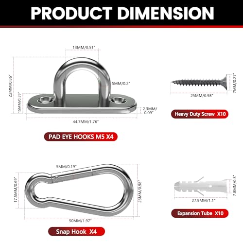 sprookber 304 Stainless Steel Pad Eye Snap Hook, M5 Ceiling Hook 500Lb,8Pcs - size: 2 Inch, style: Oval