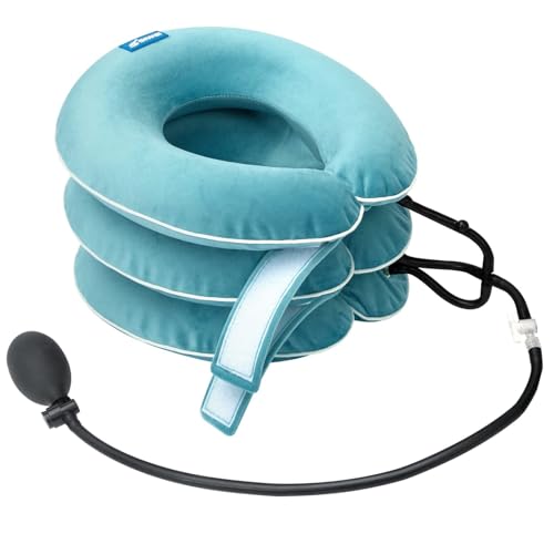 S Cervical Neck Traction Device for Neck Pain Relief - Inflatable Neck Stretcher Traction Collar for Neck Decompression - Best Home Use Neck Brace Pump (Blue Plush) - color: P. Blue