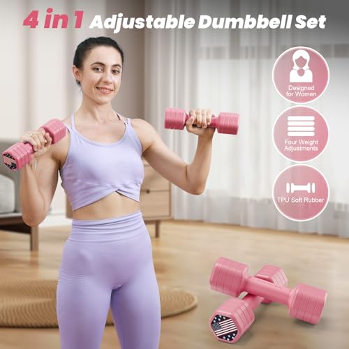 Zempox Adjustable Dumbbell Set of 2, 4 in 1 Hand Weights for Women at Home, 5 lb Weights Dumbbells set of 2, Each 2lb 3lb 4lb 5lb with TPU Soft Rubber Handle for Home Gym Exercise Training - color: Pink