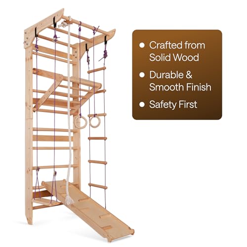 Wooden Swedish Ladder Wall Set – Kids Stall Bars for Exercise – Kids Swedish Gymnastic Wall Gym – Wood Stall Bar Gymnastics Playground – Best Gym for All Family - color: Wood