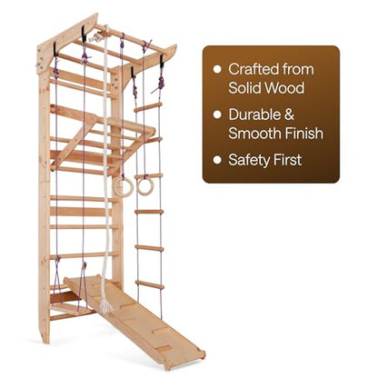 Wooden Swedish Ladder Wall Set – Kids Stall Bars for Exercise – Kids Swedish Gymnastic Wall Gym – Wood Stall Bar Gymnastics Playground – Best Gym for All Family - color: Wood