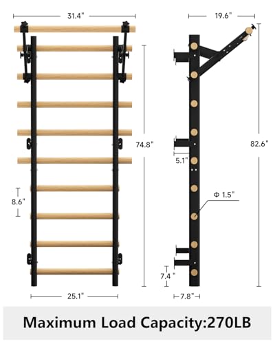 Swedish Ladder Wall Gym, Wooden Wall-Mounted Stall Bars with Pull-up Bar & Exercise Straps & Dip Bars, Stretching Ladder Full Body Home Gym Adults New