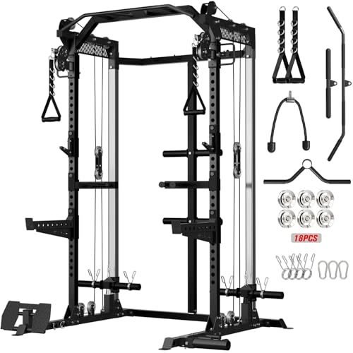 Mikolo HR06 Power Cage with Aluminum Pulleys, 2000LB Power Rack with Independent Dual Pulley System, Multi-Function Home Gym Workout Machine for Cable Crossover - color: Black, size: HR06 Power Cage
