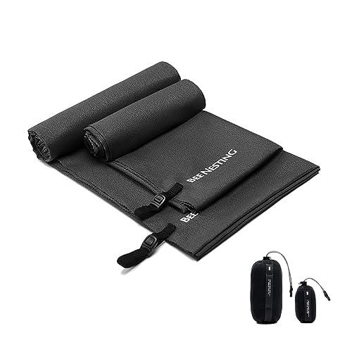 Bee Nesting Ultralight Quick Dry Towel - Medium&Small 2 Pack Microfiber Towels with Compact Packable Pocket for Lightweight Backpacking Travel, Beach, Gym, Camping & Hiking(Black, M&S 2 Set) - color: Black, size: M&S
