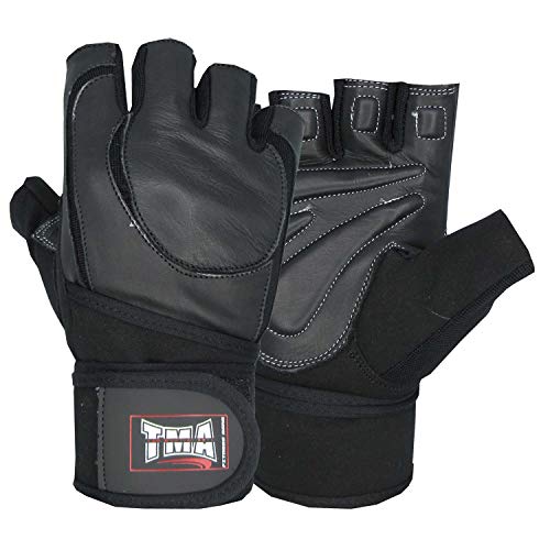 TMA Weight Lifting Gloves for Gym Workout – Cowhide Leather, Long Wrist Support with Anti Slip Palm Protection – Great Grip for Fitness, Bodybuilding, Powerlifting, Strength Training & Exercise - size: Medium