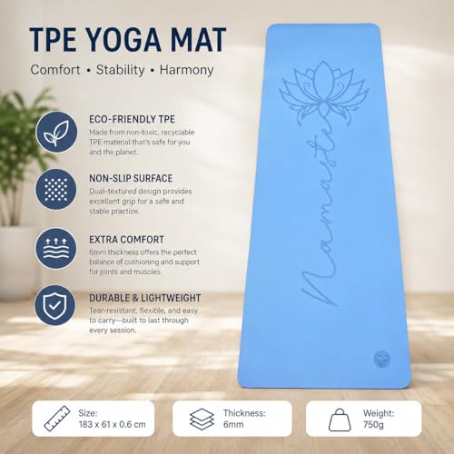 Non Slip TPE Yoga Mat 6mm Thick with Carrying Strap, Lightweight Exercise Mat for Home Workout, Pilates & Fitness, Comfort Cushion Workout Mat