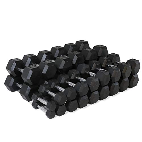 WF Athletic Supply Rubber Coated Hex Dumbbell Set, Multiple Choices Available - Dumbbells with Rack Stand and Mat, or Dumbbells Only (200/550/1200/2100/3000 LB)