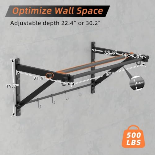 Adjustable Depth Wall Mounted Pull Up Bar 51'' 500LB Heavy Duty Chin Up Bar - size: 51"