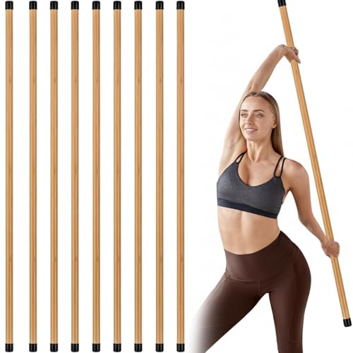 Hiboom 6/9 Pcs 5ft Yoga Stick Natural Bamboo Black Exercise Stick with Non-Slip Rubber Ends Stretching Tool Posture Corrector Stretch Tool for Flexibility, Workout, Balance Fitness - color: Bamboo