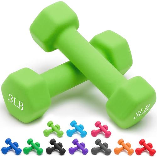 Portzon 8 Colors Options Compatible with Set of 2 Rubber Dumbbell Weight, 5-50 LB, Anti-Slip, Anti-roll, Hex Shape - color: Green, size: 03-Pound,Pair, style: Neoprene Dumbbells