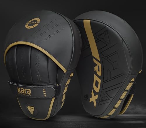 RDX Boxing Pads Curved Focus Mitts, Maya Hide Leather Kara Hook and jab Training Pads, Adjustable Strap Ventilated, MMA Muay Thai Kickboxing Coaching Martial Arts Punching Hand Target Strike Shield - color: Golden