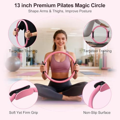 Pilates Kit, Home Pilates Workout Kit for Women, Pilates Equipment with Pilates Ring and Ball, Yoga Block & 5 Resistance Bands, Ankle Weights, Sliders & Grip Socks, Workout Guide Included