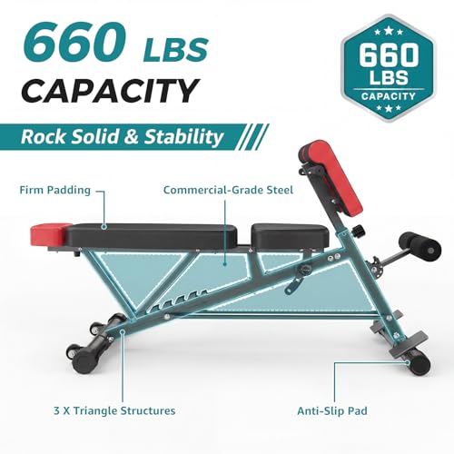 OLIXIS Adjustable Weight Bench, 660 LBS Foldable Workout Bench Press | Heavy Duty Chest Press Machine with Hyper Back Extension & 2 Wheels, for Flat Incline Decline Sit Up for Home Gym - color: Inky Black & Red