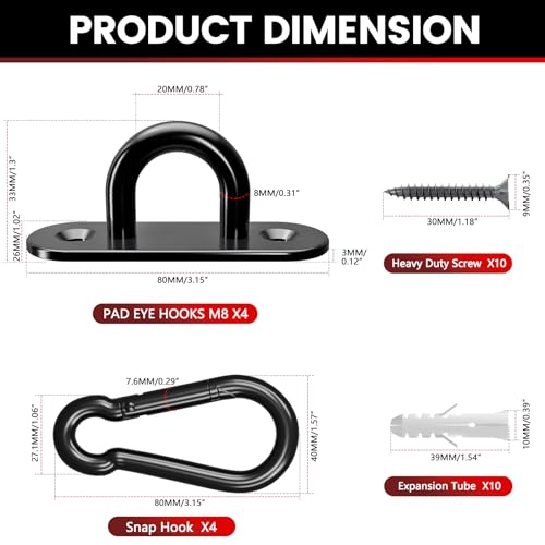 sprookber 304 Stainless Steel Pad Eye Snap Hook,M8 Ceiling Hook 1200Lb,8Pcs - size: 3.15 inch, style: Black Oval