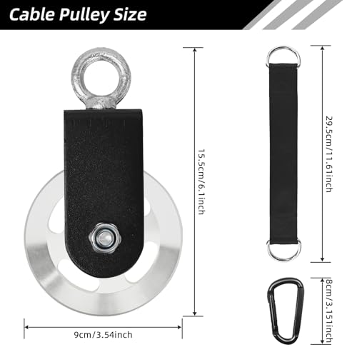 LFJ Aluminum Alloy Cable Pulley with Swing Strap Carabiner, 90mm Pulley Wheel for LAT Pulley System DIY Pull Down Attachment,Ladder Lift,Home Gym Equipment - color: Silver-2Pack